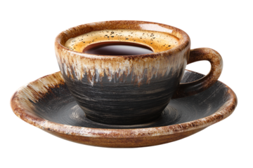Coffee cup with black coffee and foam on a saucer, against a black backdrop, showcasing the beverage and ceramic ware isolated on transparent background