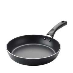 A black nonstick frying pan with a black handle isolated on transparent background