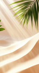 Soft, light beige fabric draped with sunbeams, accented by lush palm fronds