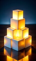 Obraz premium Illuminated White Cubes Stacked in a Pyramid Shape on a Wooden Surface
