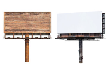 Obraz premium Two outdoor billboards, one with a wooden surface and one blank white space.