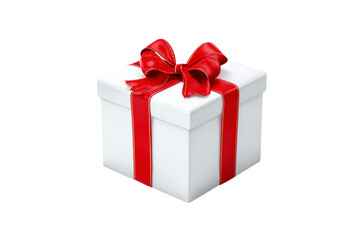 A white gift box with a red ribbon and bow sits isolated on a transparent background.