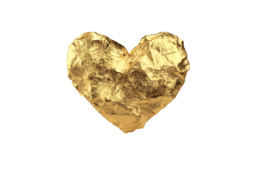 Textured golden heart on, a symbol of love, wealth isolated on transparent background
