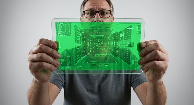 Man holds futuristic transparent tablet displaying green digital data stream, showcasing technological advancement and innovation.
