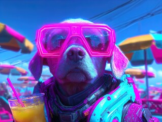 chill vibes: a cool dog in oversized sunglasses sipping fruit punch at a beach party – perfect for beach-themed decor or sporty interior posters!