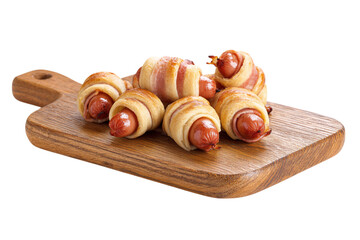Pigs in a Blanket Appetizers on Wooden Board, Sausage Rolls with Bacon and Pastry Dough, Savory Snack isolated on transparent background