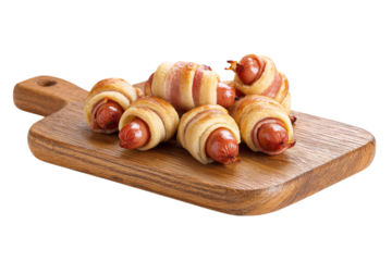 Pigs in a Blanket Appetizers on Wooden Board, Sausage Rolls with Bacon and Pastry Dough, Savory Snack isolated on transparent background