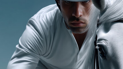 Focused equestrian in white attire rides white horse, showcasing determination and elegance