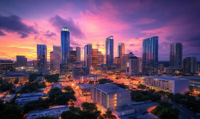 Obraz premium City skyline at vibrant sunset. Aerial view of illuminated buildings and streets. Colorful twilight sky