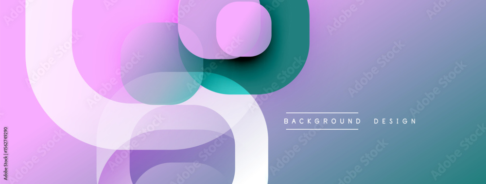 Poster Abstract shapes overlap, creating soft gradients. Purple, teal, white hues dominate composition. Modern design element.