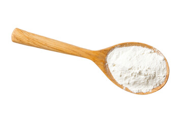 Wooden spoon filled with white flour against a dark background, perfect for baking and cooking related projects isolated on transparent background