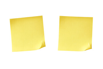 Two yellow sticky notes with curled corners against a stark, perfect for reminders and organization isolated on transparent background