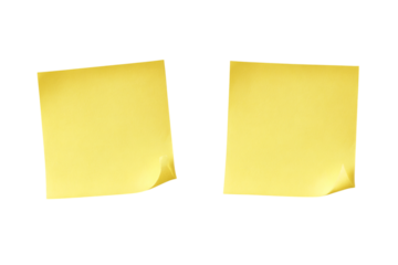 Two yellow sticky notes with curled corners against a stark, perfect for reminders and organization isolated on transparent background