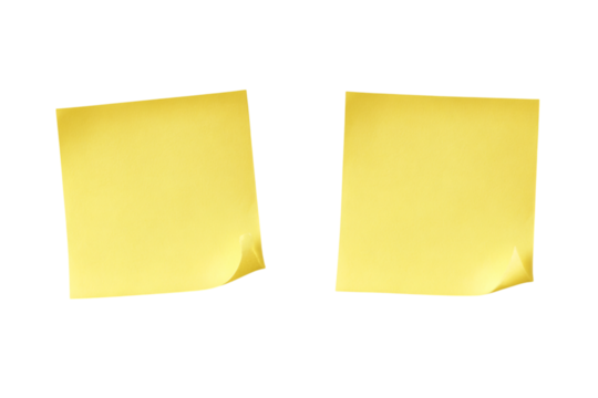 Two yellow sticky notes with curled corners against a stark, perfect for reminders and organization isolated on transparent background