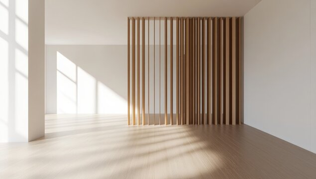 Empty, bright room with light-wood partition. Sunlight streams in