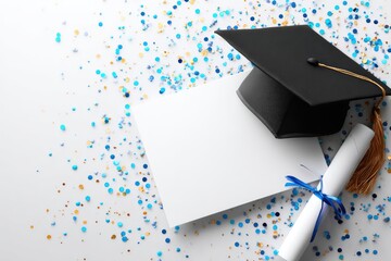 Graduation cap and diploma on white background with confetti.
