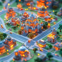Miniature cityscape at twilight with illuminated buildings and vibrant streets
