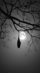 Bat Hanging from Tree Branch Under Full Moon in Black and White