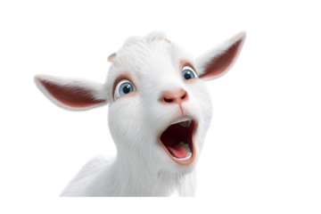 Cartoon Goat Kid with Wide Open Mouth and Blue Eyes on, Close-up of Funny Animal isolated on transparent background
