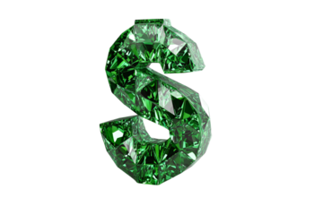 Emerald Gemstone Dollar Sign on, Faceted Green Jewel Currency Symbol, Precious Stone isolated on transparent background