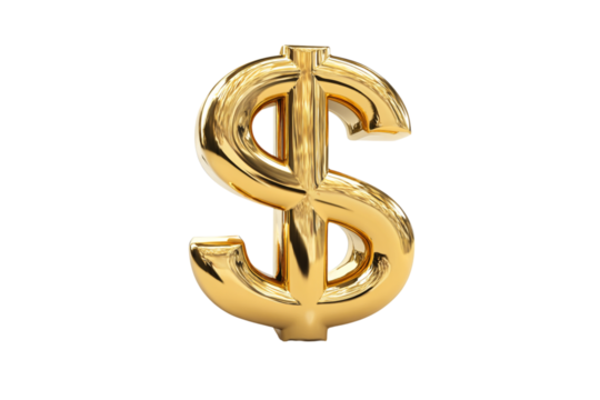 Luminous golden dollar currency symbol against a stark black backdrop, a beacon of wealth and financial prosperity isolated on transparent background