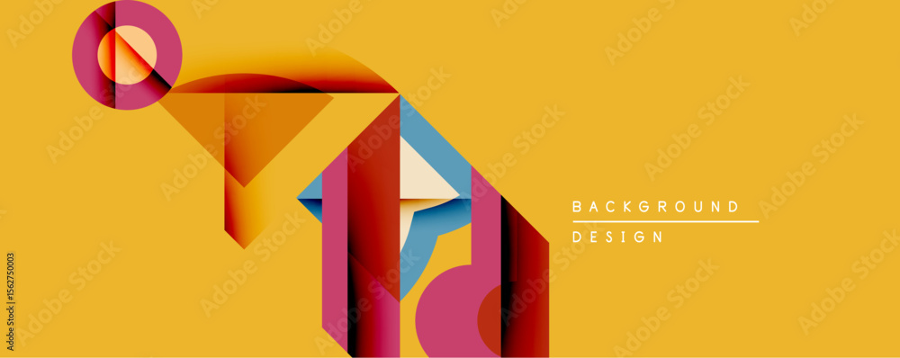 Aufkleber Abstract geometric composition. Shapes overlap, creating dynamic visual effect. Warm colors dominate, contrasted by cool blue accents. Modern design element.