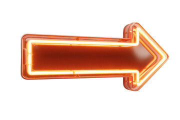 Illuminated orange neon arrow sign pointing right, glowing with bright light for retro advertising isolated on transparent background