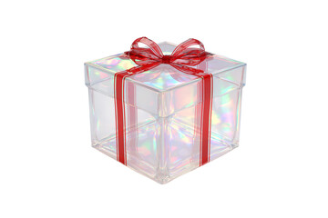 Obraz premium Iridescent Gift Box with Red Ribbon and Bow, Festive and Elegant Presentation isolated on transparent background