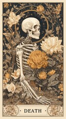 Skeleton Surrounded by Flowers with Decorative Elements and Title