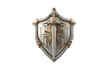 Ornate Silver Shield with Gold Accents and Sword Emblem, Fantasy Armor for Protection and Medieval Warfare isolated on transparent background