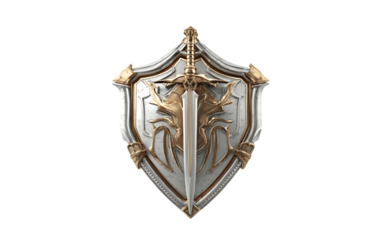 Ornate Silver Shield with Gold Accents and Sword Emblem, Fantasy Armor for Protection and Medieval Warfare isolated on transparent background