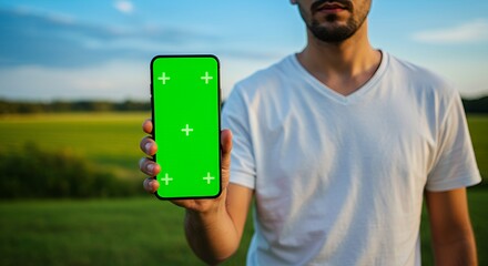 Man shows a smartphone with a green screen against a sunset backdrop, showcasing a vibrant summer evening.