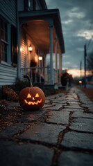 Spooky Jack-O'-Lantern Illuminates Walkway on Halloween Evening
