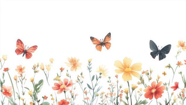 Delicate floral border with butterflies