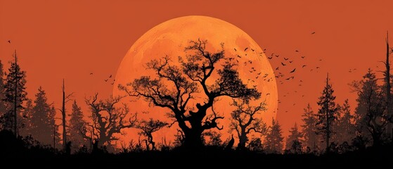 Majestic Full Moon Rising Over Silhouette Trees in Orange Sky