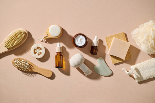 Flat Lay of Natural and Organic Skincare and Bath Products