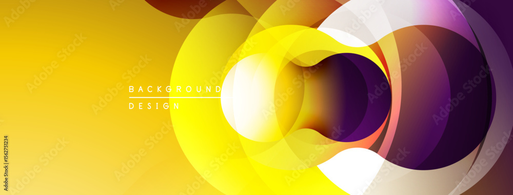 Poster Abstract composition features overlapping circles, vibrant gradients. Yellow dominates, transitioning to purple. Modern design element.