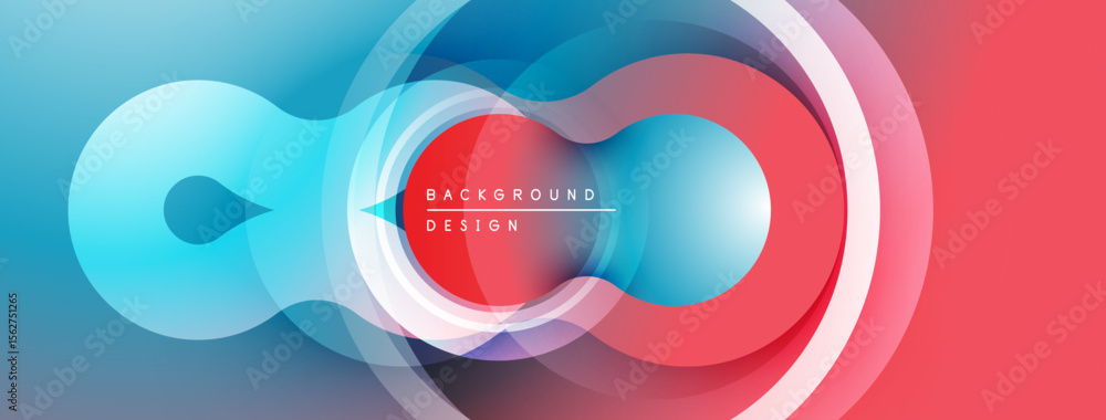 Poster Abstract design features flowing shapes, vibrant colors. Blue, red gradients create dynamic visual effect. Modern, minimalist composition.