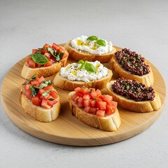 assorted bruschetta: one with classic tomato and basil, another with creamy ricotta and honey, and a third with olive tapenade, arranged on a light wooden platter
