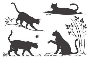 Multiple cat silhouettes in various poses: sitting, walking, stretching, sleeping.