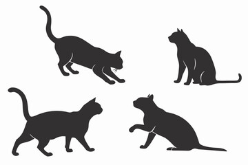Multiple cat silhouettes in various poses: sitting, walking, stretching, sleeping.