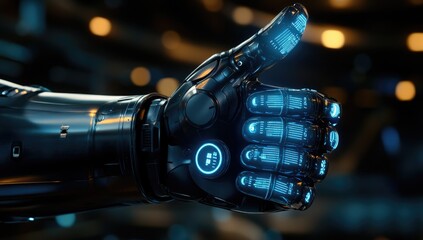Close-up of a futuristic robotic hand giving a thumbs-up gesture. Metallic, dark gray hand with glowing blue displays. Bokeh effect in background