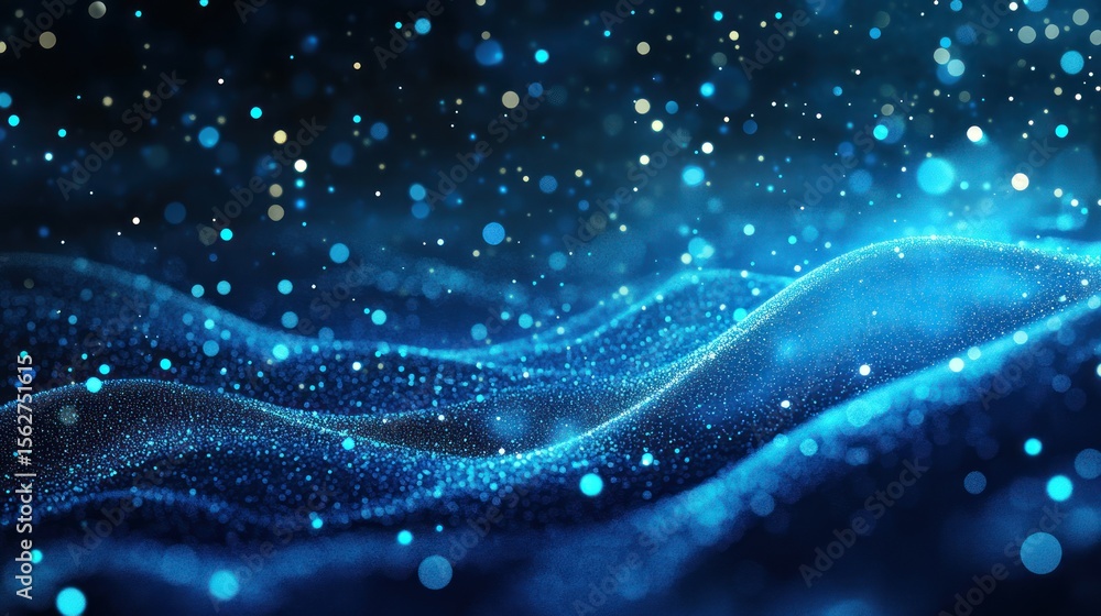 Poster abstract blue light particle waves with glowing effect for technology and digital design