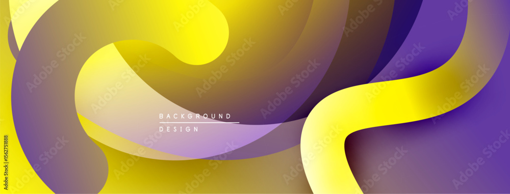 Poster Abstract fluid shapes, vibrant yellow, purple hues. Modern design, smooth gradients create dynamic composition. Background element.