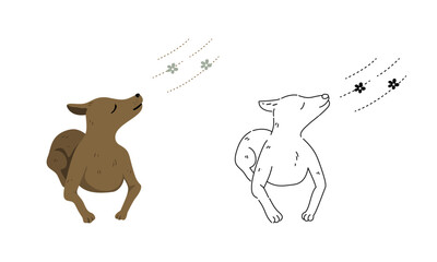 Cartoon miniature pinscher dog breathing in flat and outline styles.
