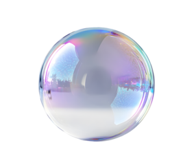 Iridescent reflections dance across a soap bubble sphere against a solid transparent background in this studio shot.