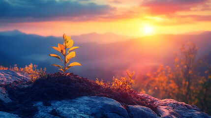 New beginning sprout emerging on mountain peak at sunset promising future hope and resilience
