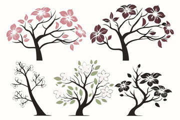 set of Dogwood Tree vector silhouette illustration isolated on white background