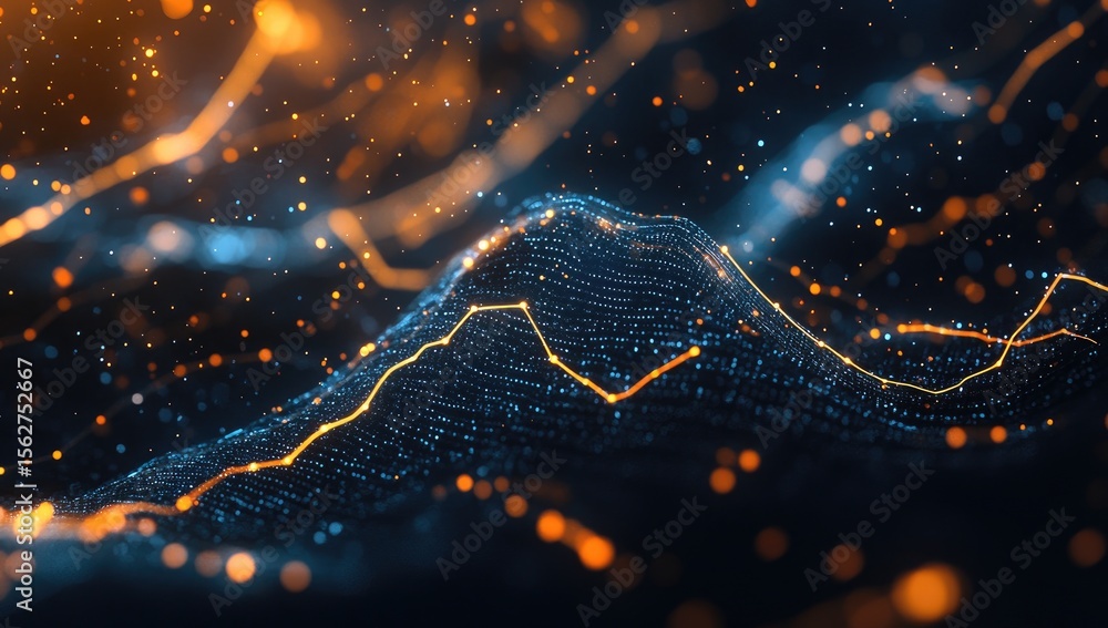 Poster abstract data visualization, glowing lines and particles forming a landscape of fluctuating data