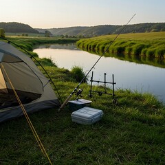 A tent pitched by a calm river or stream, with a fishing rod propped against it and a small tackle box beside it